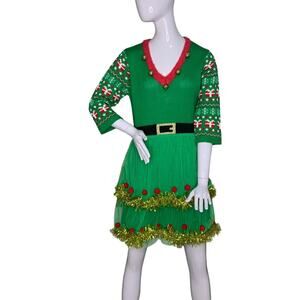 Allison Britney Christmas Elf Sweater Dress Red and Green V-Neck Pullove…